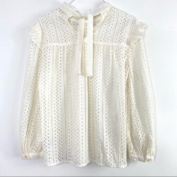 MADEWELL Eyelet Mockneck Ruffle Flowy Top Blouses In Cream Size XS Style#J9660 - Picture 5 of 8